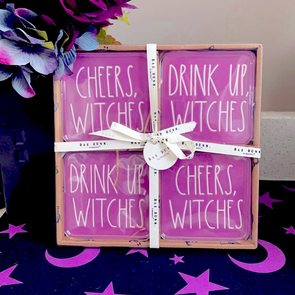 🎃 RAE DUNN ENGRAVED CHEERS DRINK WITCHES HALLOWEEN MODERN FARMHOUSE COASTERS